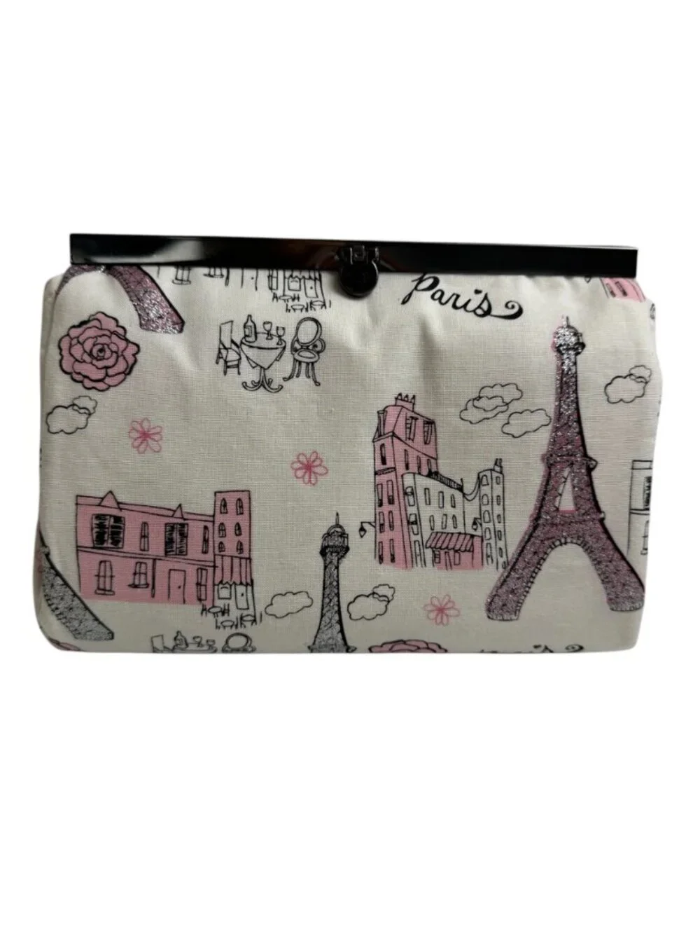 Handmade Clutch Small Shoulder Bag Purse Paris White Pink Glitter Fun Girly